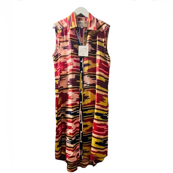 NWT LAUREN MOFFATT  Size 0/Small 100% Silk Shirt Dress Multicolor Sleeveless - Picture 1 of 10